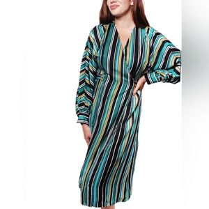Women’s Long Sleeves Green Striped Button Down Wrap Dress w/Belt Ties In Back